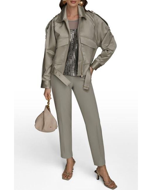 Donna Karan Gray Belted Satin Bomber Jacket