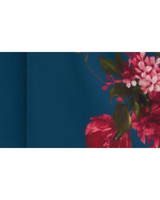 Kay Unger Blue Devin Placement Print Pleated Midi Cocktail Dress