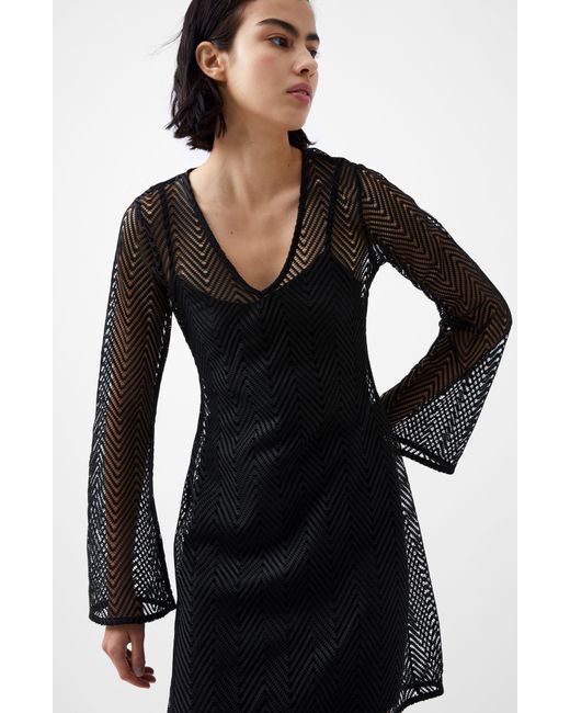 French Connection Black Rudy Textured Long Sleeve Knit Minidress