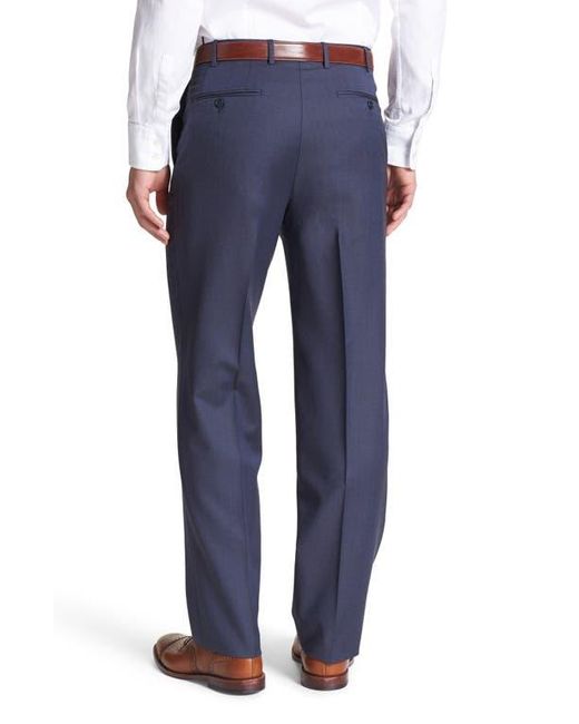 Canali Blue Flat Front Solid Wool Trousers for men