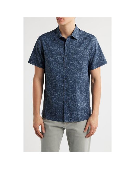 Nordstrom Men's Blue Leaf Print Short Sleeve Stretch Button-Up Shirt