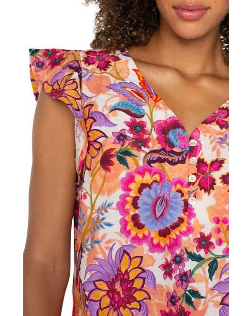 Liverpool Los Angeles Red Floral Print Flutter Sleeve Button-Up Shirt