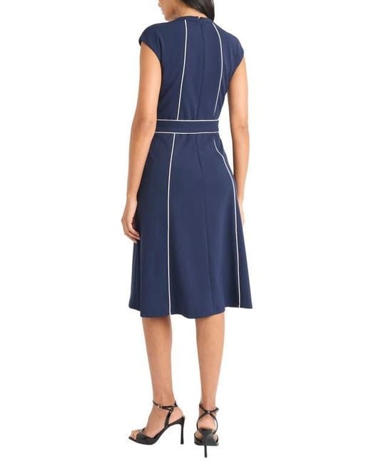 Maggy London Blue Contrast Piped Belted Midi Dress