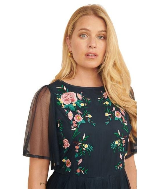 Yumi' Blue Embroidered Mesh Sleeve Prom Dress