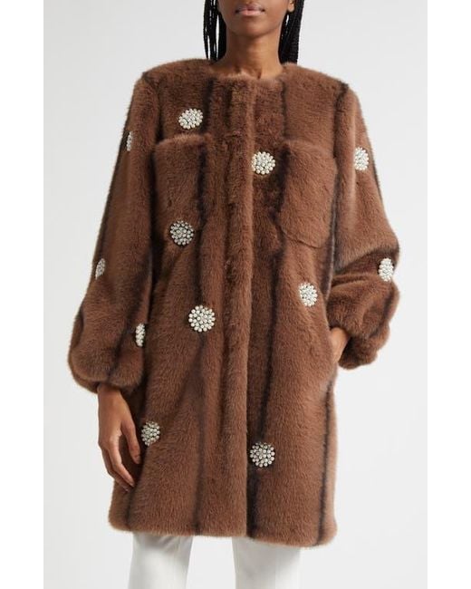 Cinq À Sept Brown Faux Pearl & Crystal Detail Faux Fur Coat