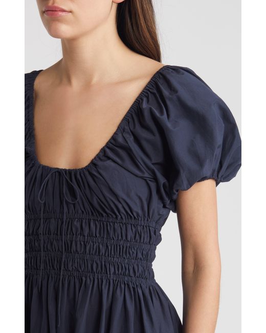 Faithfull The Brand Blue Seine Puff Sleeve Silk & Cotton Dress