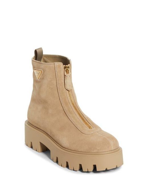 Prada Natural Zip Front Lug Bootie