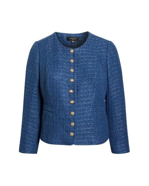 Tahari Blue Collarless Bouclé Jacket