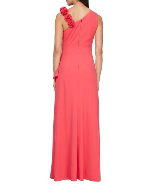 Alex Evenings Pink Floral Strap Ruffle Detail Stretch Crepe Gown