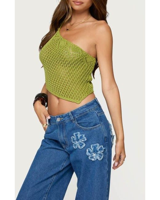 Edikted Green Daley Asymmetric One-Shoulder Sheer Crop Top