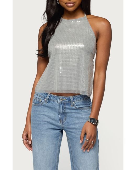 Edikted Blue Itara Sequin Open Back Halter Top