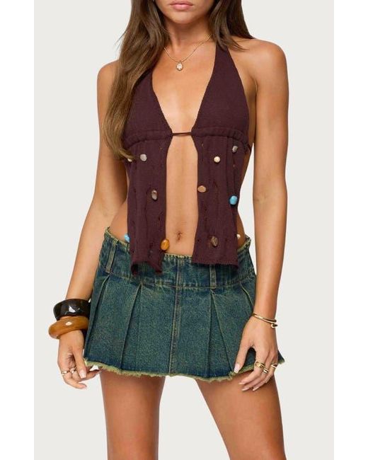 Edikted Green Beaded Distressed Split Front Halter Top