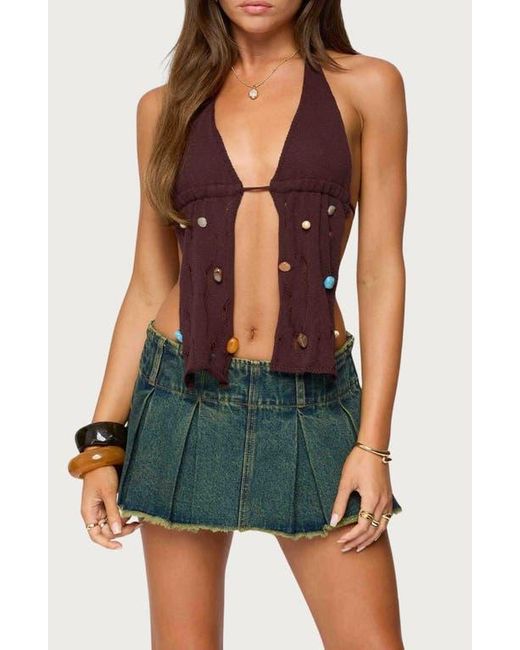 Edikted Green Beaded Distressed Split Front Halter Top