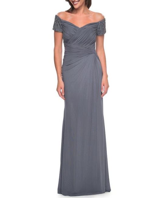 La Femme Blue Net Jersey Long Gown With Exquisite Beaded Design