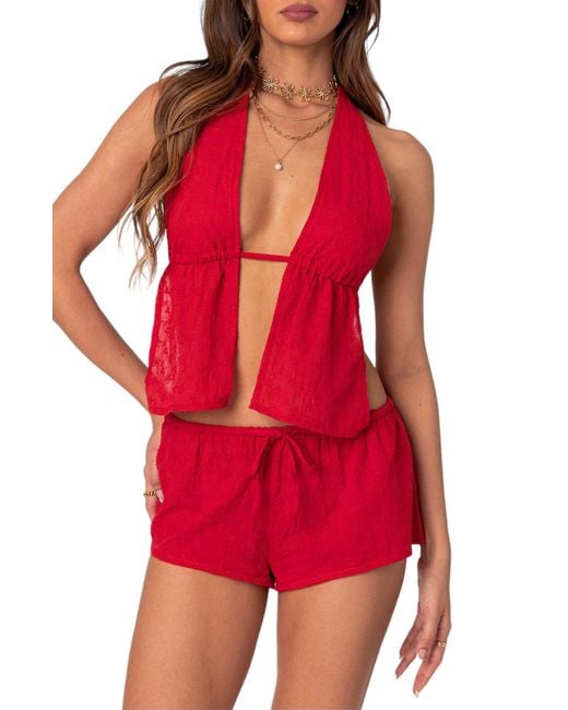 Edikted Red Cayenne Eyelet Split Front Open Back Halter Top