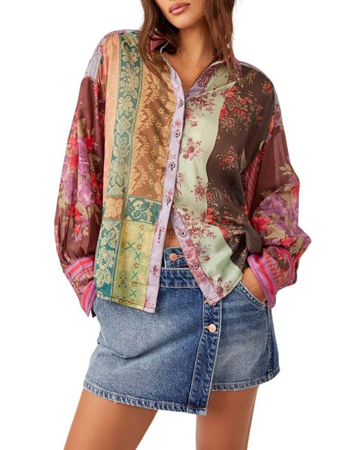 Free People Red Flower Patch Mixed Print Cotton Button-up Shirt