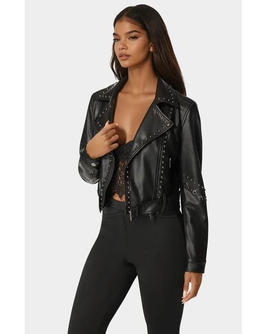 Bebe Women's Black Studded Vegan Leather Moto Jacket