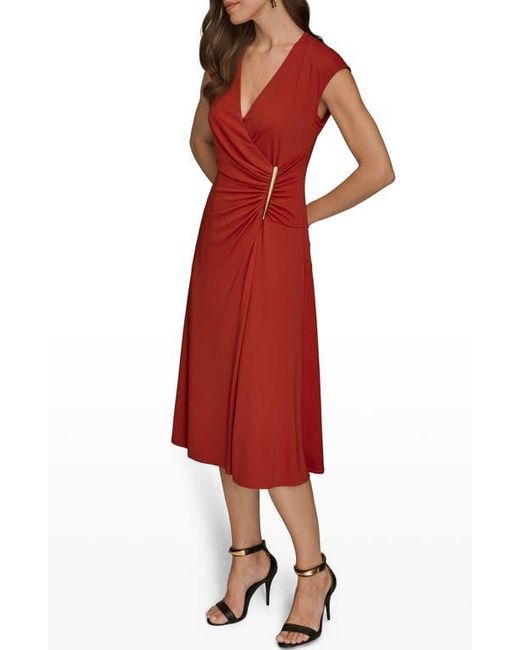 Donna Karan Red Faux Wrap Jersey Midi Dress