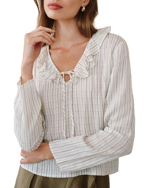 Bella Dahl Gray Stripe Ruffle Tie Neck Seersucker Top