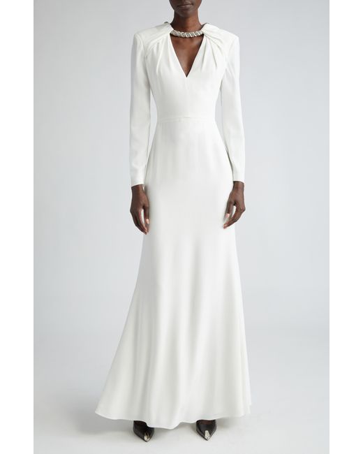 Alexander McQueen White Crystal Embellished Long Sleeve Leaf Crepe Gown