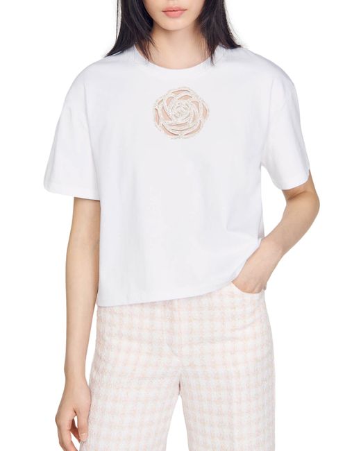 Sandro White Rhinestone Rose Cotton T-shirt