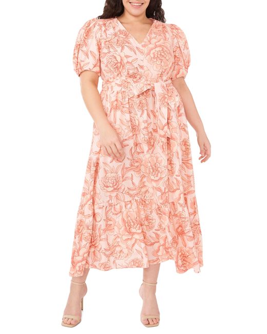 Cece Pink Floral Puff Sleeve Linen Blend Dress