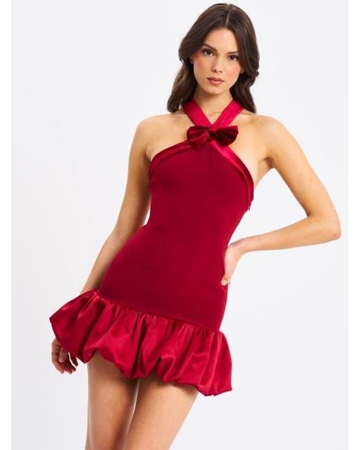 Miss Circle Red Barbra Cross Straps Bodycon Mini Dress With Bubble Hem