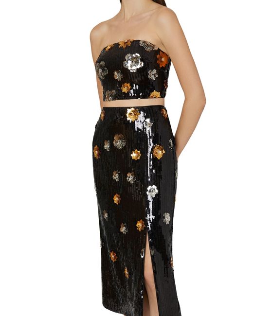 MILLY Black 3d Floral Sequin Midi Skirt