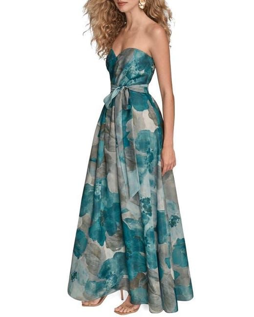 Donna Karan Green Floral Strapless Fit & Flare Gown