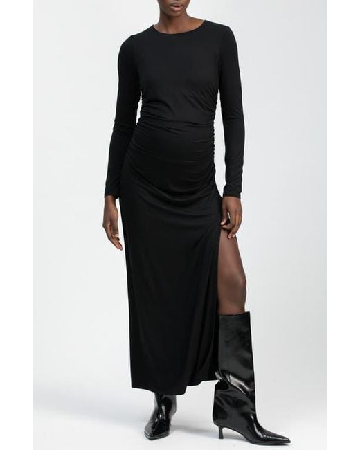 long sleeve ruched maternity dress Navy Blue Velvet Long Sleeve Ruched Maternity Midi Dress