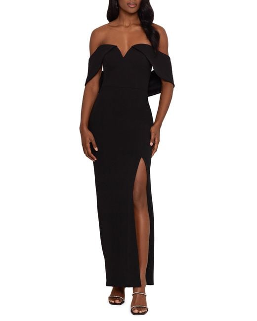 Xscape Off The Shoulder Drape Back Scuba Crepe Gown in Black Lyst