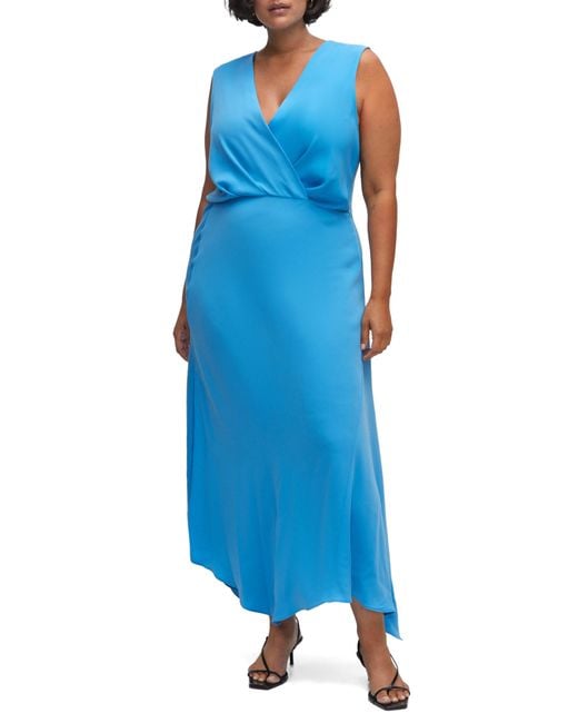 Mango Blue Surplice Neck Sleeveless Midi Dress