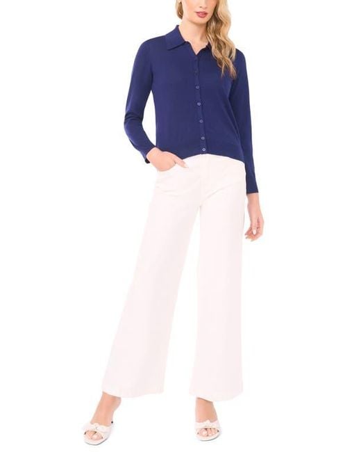 Halogen® Blue Collared Cotton Blend Cardigan