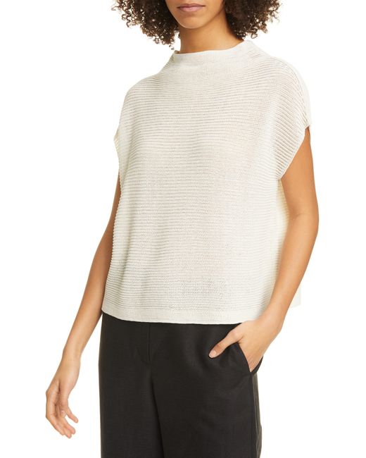 Eileen Fisher Funnel Neck Organic Cotton Boxy Sweater in White | Lyst