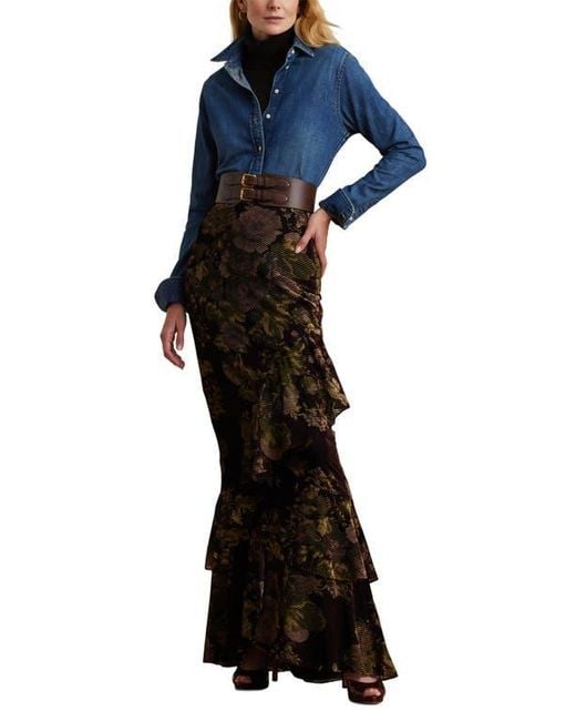 Ralph Lauren Tiered Floral Velvet Maxi Skirt in Black | Lyst 
