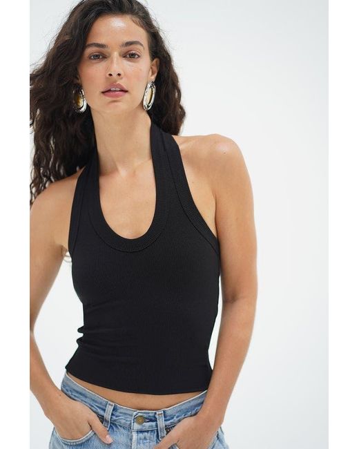 LNA Black Jules Double Layer Ribbed Halter