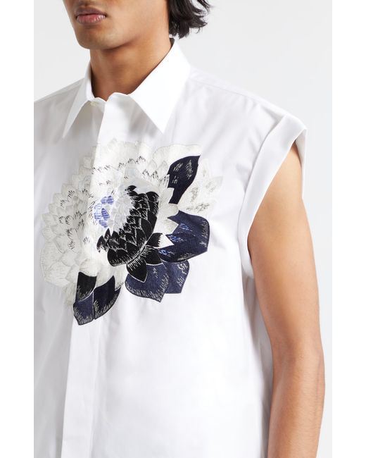 Alexander McQueen White Dutch Flower Embroidered Sleeveless Cotton Poplin Button-up Shirt for men