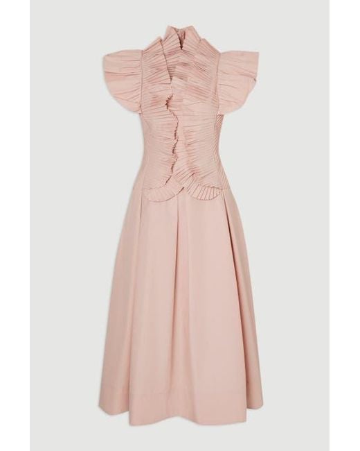 Karen Millen Pink Pleated Ruffle Sleeve Woven Midi Dress