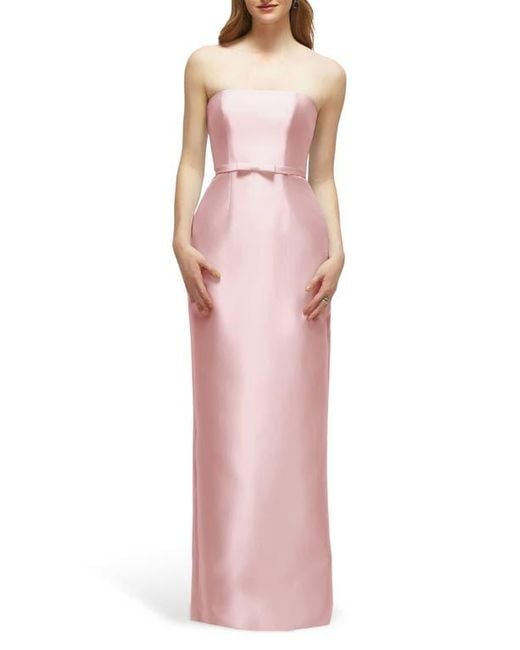 Alfred Sung Pink Strapless Bow Belt Satin Twill Column Gown