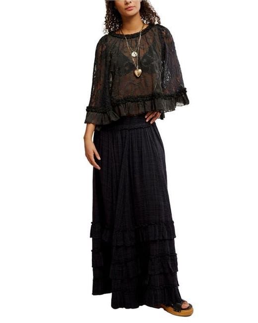 Free People Black Brynn Tiered Cotton Blend Maxi Skirt