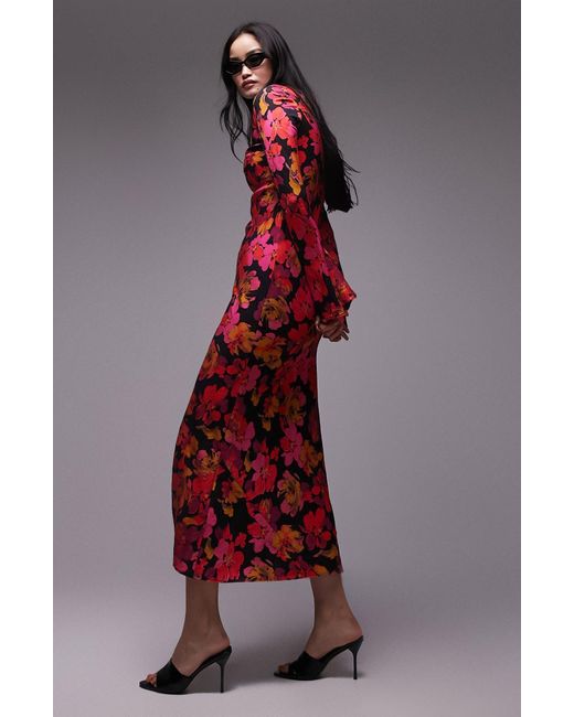 TOPSHOP Red Lea Floral Long Sleeve Midi Dress
