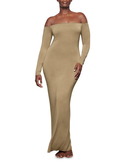 Skims Smooth Lounge Off The Shoulder Long Sleeve Maxi Dress in Natural ...