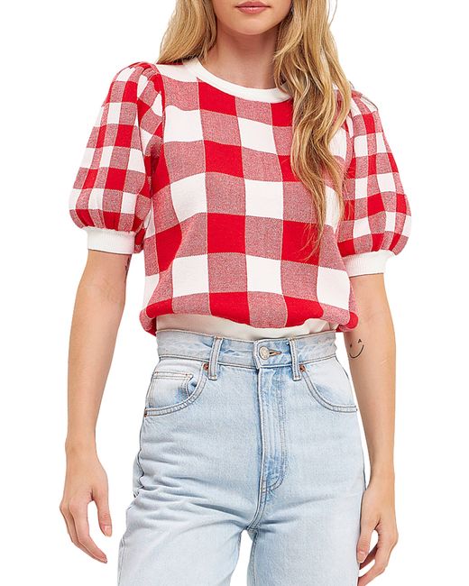 English Factory Gingham Puff Sleeve Sweater in Red Lyst