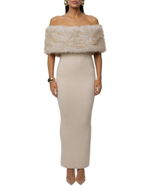 JLUXLABEL Women's Natural Aspen Hour Faux Fur Detail Off-The-Shoulder Rib Knit  Dress - www.rajagirimanappuram.com