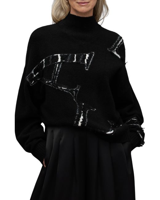 AllSaints Black A Star Tassel Fringed Abstract Sweater