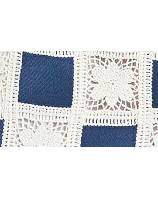 English Factory Blue Crochet Lace Patchwork Short Sleeve Button-up Shirt