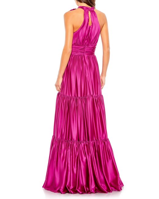Mac Duggal Pink Bow Detail Tiered Satin A-line Gown