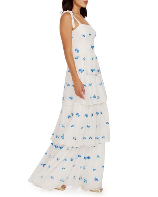 Dress the Population White Monica Butterfly Appliqué Tiered Silk Gown