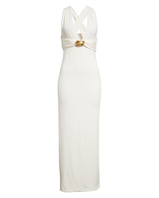 Tom Ford White Plunge Neck Stretch Sable Evening Gown