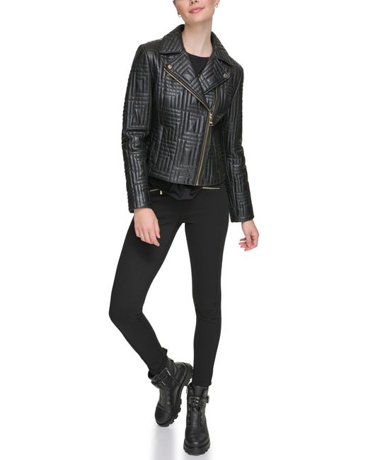 Karl Lagerfeld Black Double Quilted Leather Moto Jacket